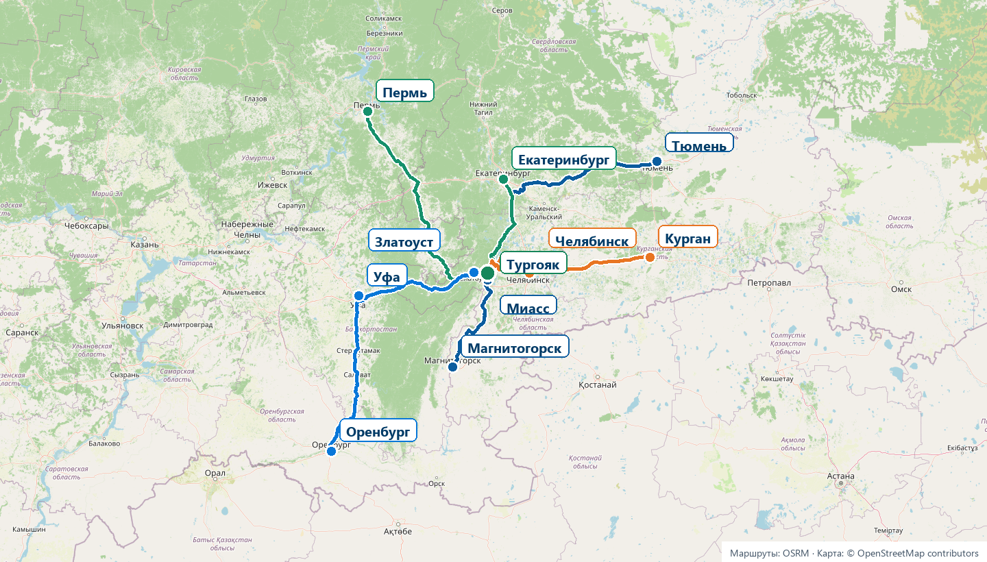 Карта автомобильных маршрутов из десяти городов к посёлку Тургояк