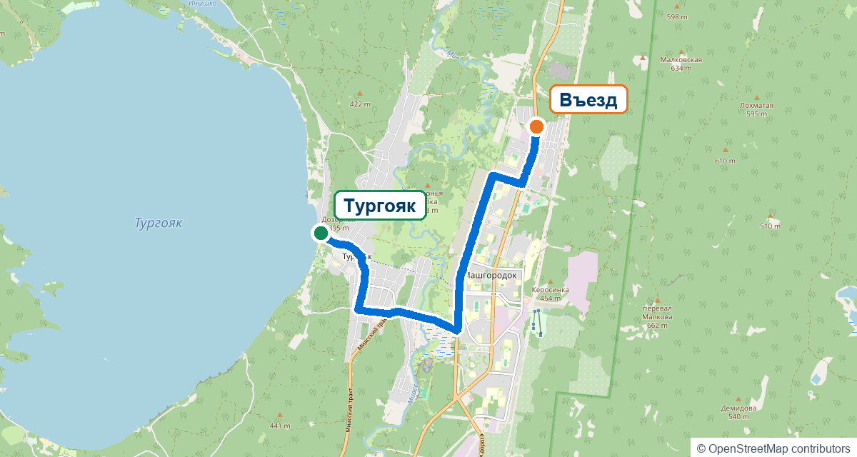 Маршрут от северного въезда в Миасс до Тургояка